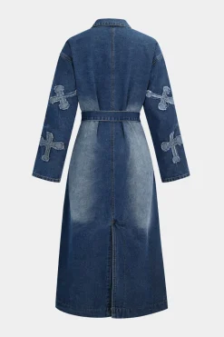 MICAS Outerwear|Outerwear-Embroidery Denim Long Coat Belted Outerwear BLUE