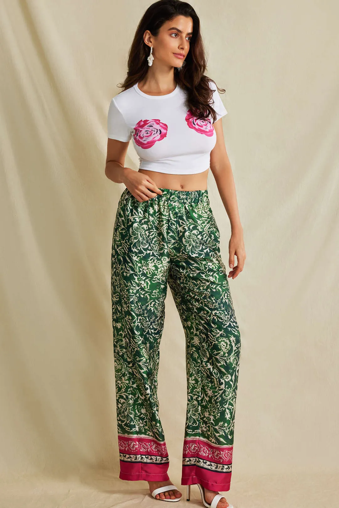 MICAS Pants-Ethnic Floral Print Wide Leg Pants Contrast Color