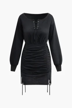 MICAS Long Sleeve Dresses|Mini Dresses-Eyelet Tie Ruched Drawstring Slit Mini Dress BLACK