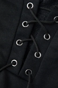 MICAS Long Sleeve Dresses|Mini Dresses-Eyelet Tie Ruched Drawstring Slit Mini Dress BLACK