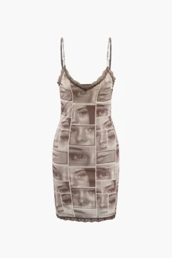 MICAS Midi Dresses-Face Graphic V-neck Lace Trim Mini Dress MULTICOLOR