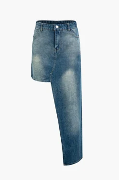 MICAS Skirts-Faded Asymmetric Denim Mini Skirt DARK WASH BLUE