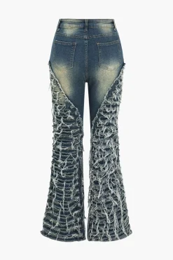 MICAS Jeans-Faded Denim Fringe Flared Jeans DARK WASH BLUE