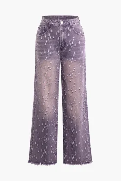 MICAS Jeans-Faded Destroyed Straight Leg Jeans PURPLE