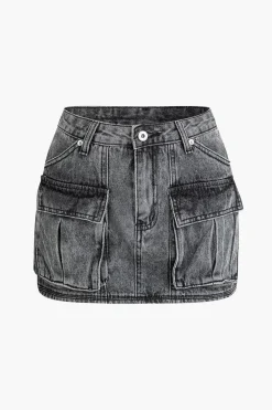 MICAS Skirts-Faded Flap Pocket Cargo Denim Mini Skirt