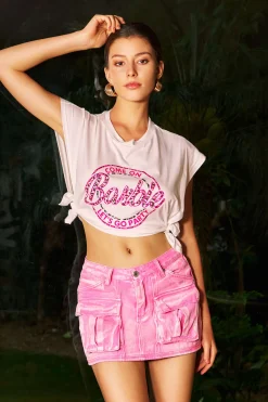 MICAS Skirts-Faded Flap Pocket Cargo Denim Mini Skirt