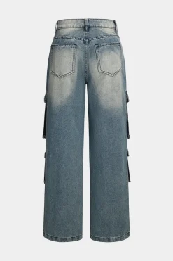 MICAS Cargo Pants|Jeans-Faded Pocket Straight Leg Cargo Jeans LIGHT WASH BLUE