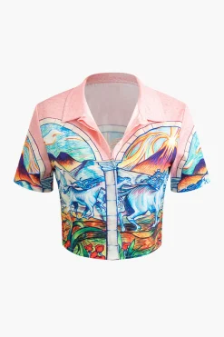 MICAS Blouses & Shirts-Fantasy Horse Print Crop Shirt PINK