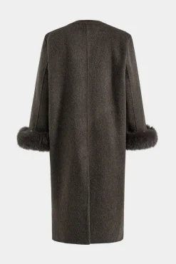 MICAS Outerwear|Outerwear-Faux Fur Button Pocket Long-Sleeve Coat With Scarf BROWN