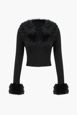 MICAS Long Sleeve Tops|Long Sleeves Tops-Faux Fur Collar Button Long-Sleeve Top BLACK