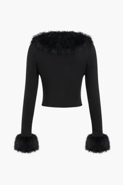 MICAS Long Sleeve Tops|Long Sleeves Tops-Faux Fur Collar Button Long-Sleeve Top BLACK