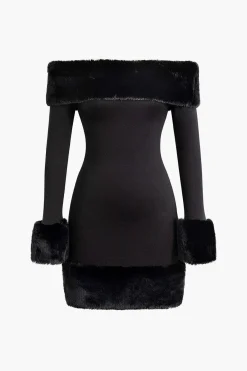 MICAS Long Sleeve Dresses|Mini Dresses-Faux Fur Trim Off Shoulder Midi Dress