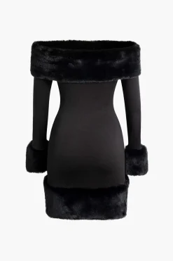 MICAS Long Sleeve Dresses|Mini Dresses-Faux Fur Trim Off Shoulder Midi Dress