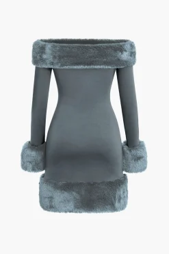 MICAS Long Sleeve Dresses|Mini Dresses-Faux Fur Trim Off Shoulder Midi Dress