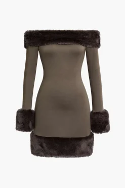 MICAS Long Sleeve Dresses|Mini Dresses-Faux Fur Trim Off Shoulder Midi Dress