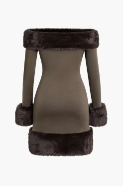 MICAS Long Sleeve Dresses|Mini Dresses-Faux Fur Trim Off Shoulder Midi Dress