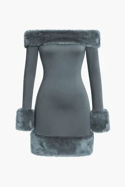 MICAS Long Sleeve Dresses|Mini Dresses-Faux Fur Trim Off Shoulder Midi Dress