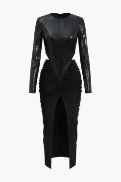 MICAS Long Sleeve Dresses|Maxi Dresses-Faux Leather Patchwork Long Sleeve Maxi Dress BLACK