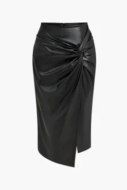 MICAS Skirts-Faux Leather Asymmetrical Twist Knot Skirt BLACK