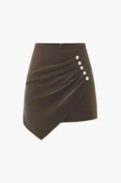 MICAS Skirts-Faux Leather Asymmetrical Button Ruched Skirt LIGHT BROWN