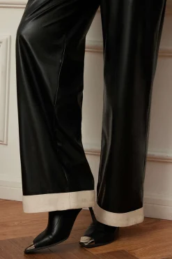 MICAS Pants-Faux Leather Asymmetrical Patchwork Trousers BLACK