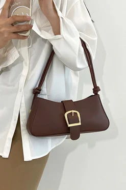 MICAS Bags|Accessories-Faux Leather Belted Shoulder Bag COFFEE