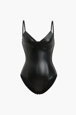 MICAS Bodysuits-Faux Leather Bodysuit BLACK