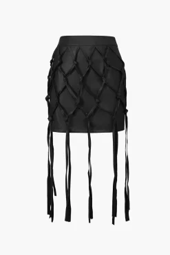 MICAS Skirts-Faux Leather Braiding Fringe Mini Skirt