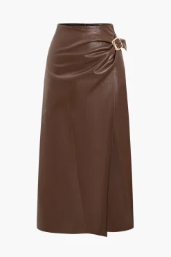 MICAS Skirts-Faux Leather Buckle Skirt BROWN