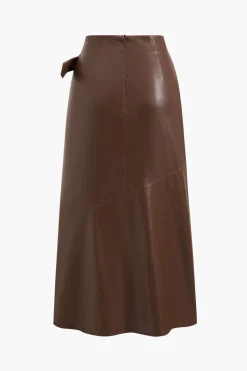 MICAS Skirts-Faux Leather Buckle Skirt BROWN