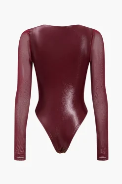 MICAS Bodysuits|Corset & Bustier Tops-Faux Leather Bustier Long Sleeve Bodysuit BURGUNDY