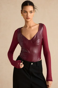 MICAS Bodysuits|Corset & Bustier Tops-Faux Leather Bustier Long Sleeve Bodysuit BURGUNDY