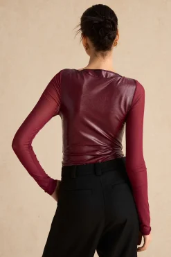 MICAS Bodysuits|Corset & Bustier Tops-Faux Leather Bustier Long Sleeve Bodysuit BURGUNDY