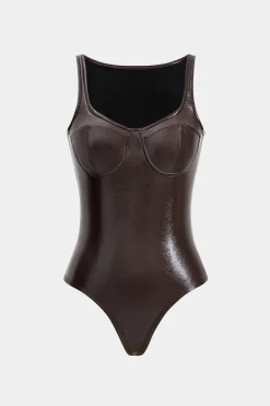 MICAS Bodysuits|Corset & Bustier Tops-Faux Leather Bustier Sleeveless Bodysuit BROWN