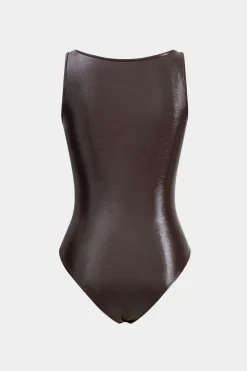 MICAS Bodysuits|Corset & Bustier Tops-Faux Leather Bustier Sleeveless Bodysuit BROWN