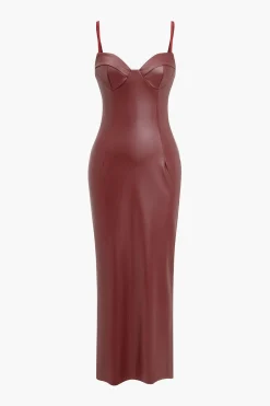 MICAS Midi Dresses-Faux Leather Bustier Slip Midi Dress