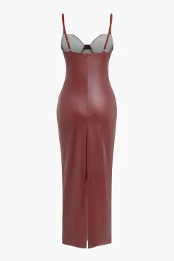 MICAS Midi Dresses-Faux Leather Bustier Slip Midi Dress