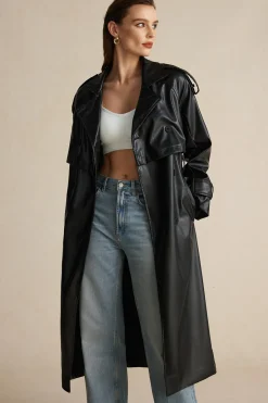 MICAS Outerwear|Outerwear-Faux Leather Button Asymmetrical Belted Coat BLACK