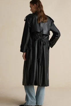 MICAS Outerwear|Outerwear-Faux Leather Button Asymmetrical Belted Coat BLACK