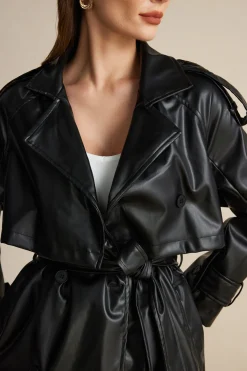 MICAS Outerwear|Outerwear-Faux Leather Button Asymmetrical Belted Coat BLACK