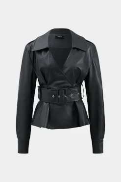 MICAS Outerwear|Outerwear-Faux Leather Button Belted Jacket BLACK