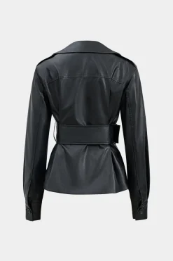 MICAS Outerwear|Outerwear-Faux Leather Button Belted Jacket BLACK