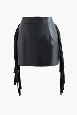 MICAS Skirts-Faux Leather Button Fringe Trim Mini Skirt BLACK