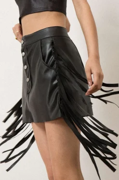 MICAS Skirts-Faux Leather Button Fringe Trim Mini Skirt BLACK