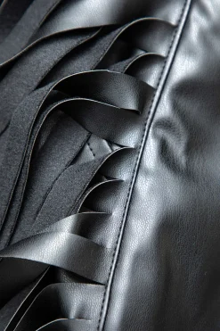 MICAS Skirts-Faux Leather Button Fringe Trim Mini Skirt BLACK