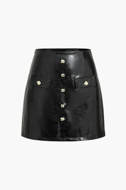 MICAS Skirts-Faux Leather Button Mini Skirt BLACK