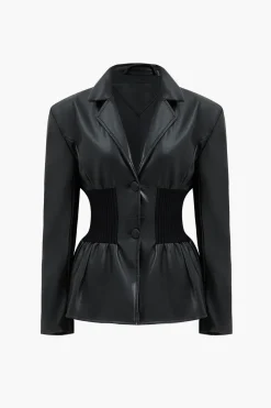 MICAS Blazers|Outerwear-Faux Leather Button Patchwork Blazer BLACK