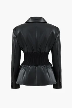 MICAS Blazers|Outerwear-Faux Leather Button Patchwork Blazer BLACK