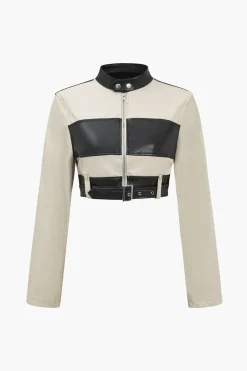 MICAS Outerwear|Outerwear-Faux Leather Button Patchwork Jacket KHAKI