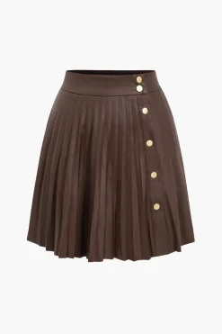 MICAS Skirts-Faux Leather Button Pleated Skirt BROWN